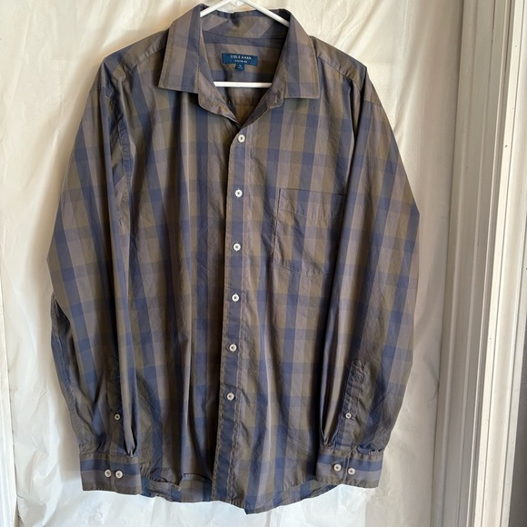 Cole Haan Mens XL Grand Os Long Sleeve Plaid Button Up Stretch Shirt Blue Preppy - Picture 1 of 8